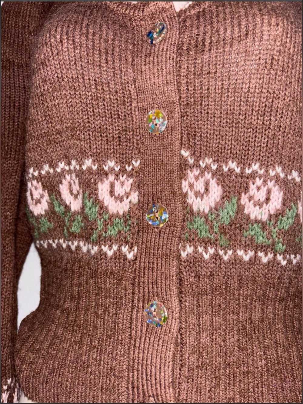 Kimchi Blue Brown Floral Trim Knit Cardigan Sweater - Women’s S - Picture 3 of 6